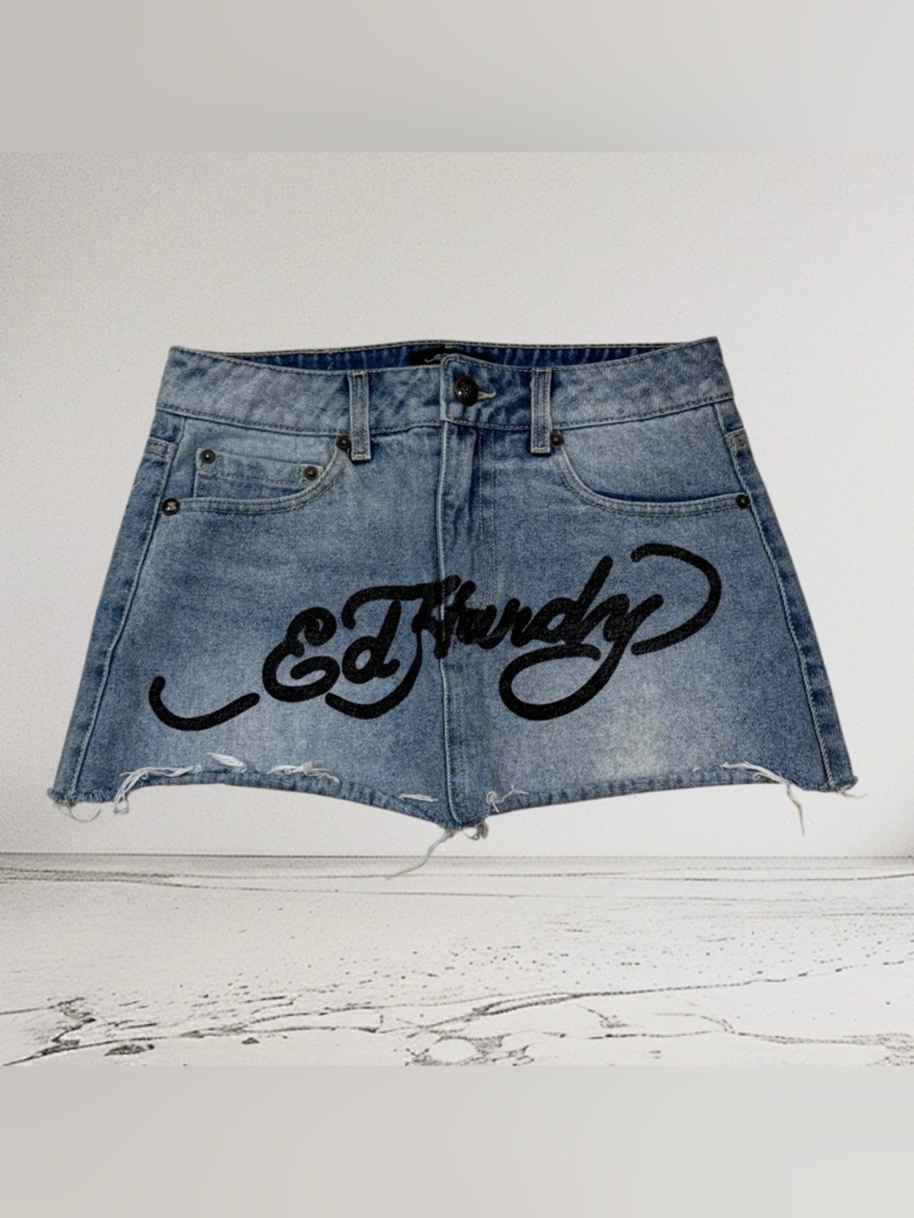 Ed Hardy "Brave Hearts Stay True" Eagle denim Micro mini skirt Size Small